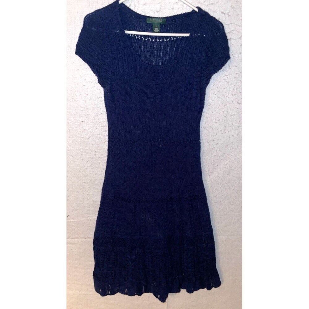 Lauren Ralph Lauren Sweater Dress Crochet Knit Navy Blue Womens M 100% Cotton